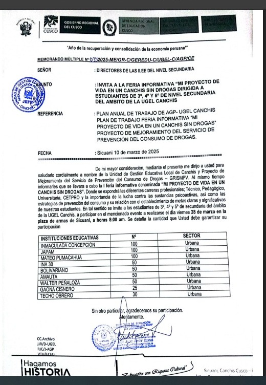 Invita a la feria informativa “MI PROYECTO DE VIDA EN UN CANCHIS SIN DROGAS” dirigido a estudiantes de 3°, 4° y 5° de nivel secundaria del ámbito de la UGEL CANCHIS